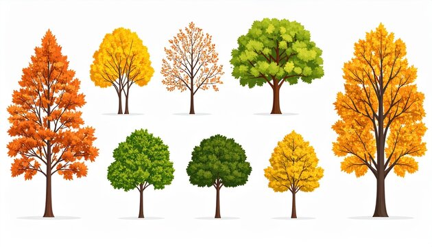 Collection of six diverse trees with varying foliage colors and seasonal appearances