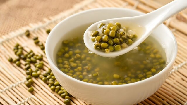 Mung Bean Soup in White Bowl with Spoon