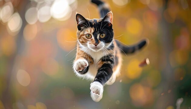 Calico cat captured midair in a dynamic jumping pose, playful domestic pet photography