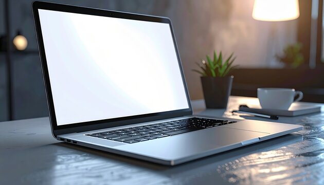 Sleek silver laptop with backlit keyboard and blank display for modern technology and online business concepts