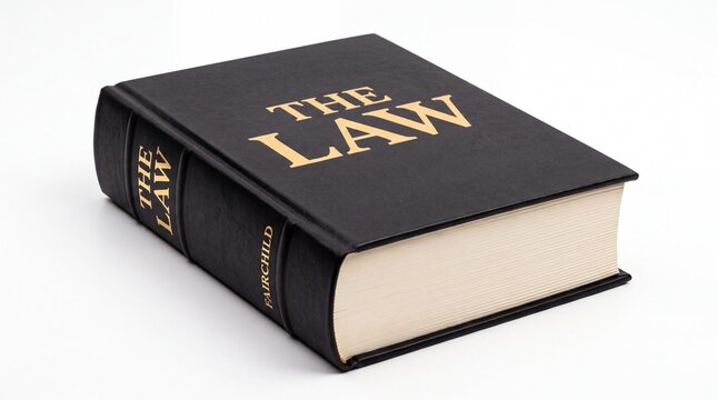 Black leather bound law textbook featuring gold embossed lettering captured from above on white background