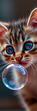 Whiskers twitching, kitten's eyes gleam behind mirrored lenses as it pounces on a wispy soap bubble, silly, colorful