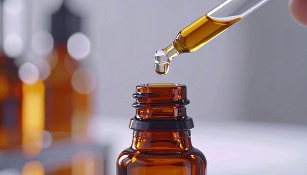 Glass dropper dispensing liquid into amber bottle, laboratory skincare and pharmaceutical packaging concept