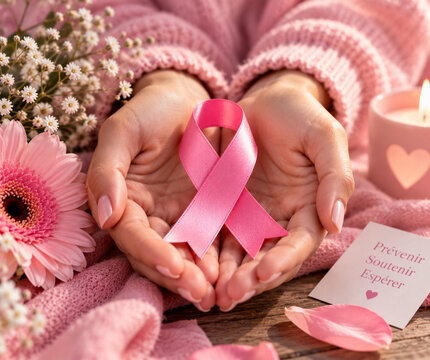 Ruban rose tenu dans les mains, symbole de sensibilisation au cancer du sein