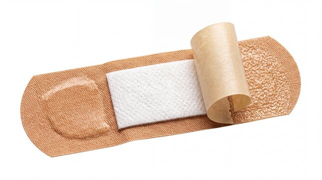 Adhesive fabric bandage with partially peeled protective paper strip showcased in sharp detail on white background