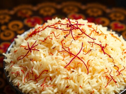 Saffron-infused basmati rice with intricate designs, flavorful, basmati rice