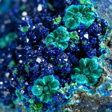 Macro of blue azurite crystals and green malachite flowers