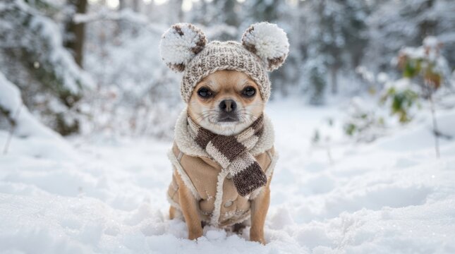 Cute chihuahua dog wearing beige winter jacket and matching pom pom hat looking at camera in snowy forest