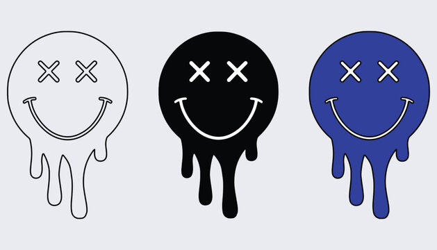 Melting smiley face icons set with x eyes and dripping paint vector