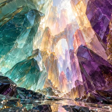 Crystalline cave landscape with glowing minerals. Ethereal crystal cavern with purple and teal gems. Magical subterranean world of light.