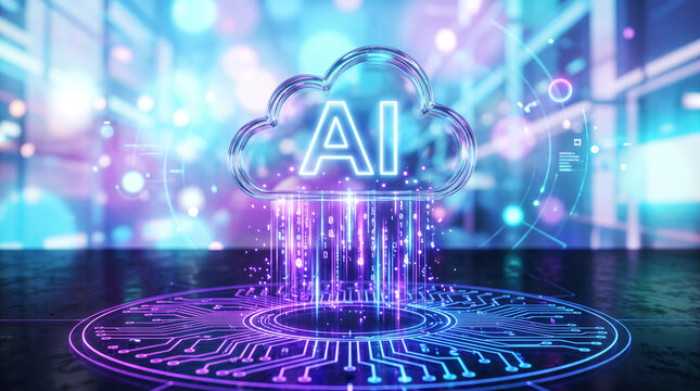 Conceptual illustration of artificial intelligence cloud computing technology with digital data streams flowing into a circuit board base