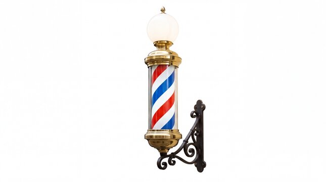 Classic rotating barber shop pole with brass accents and decorative iron wall mount on white background