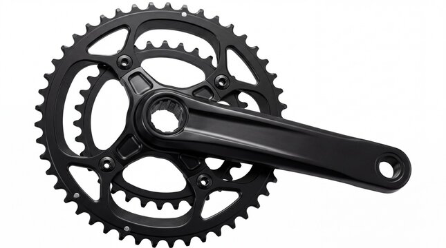 Black bicycle crankset with double chainrings and metal gears studio isolated on white background