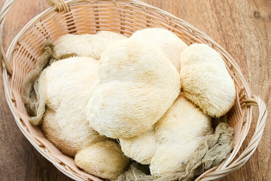 Lion's mane mushrooms in basket on wooden background