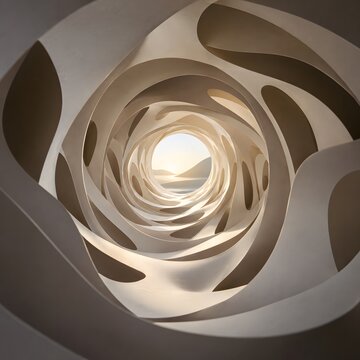 Abstract organic architecture tunnel, futuristic curved white structure, modern sculptural interior with sunset view
