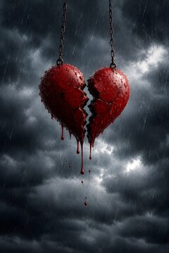 Broken bleeding red heart hanging on chains against stormy sky