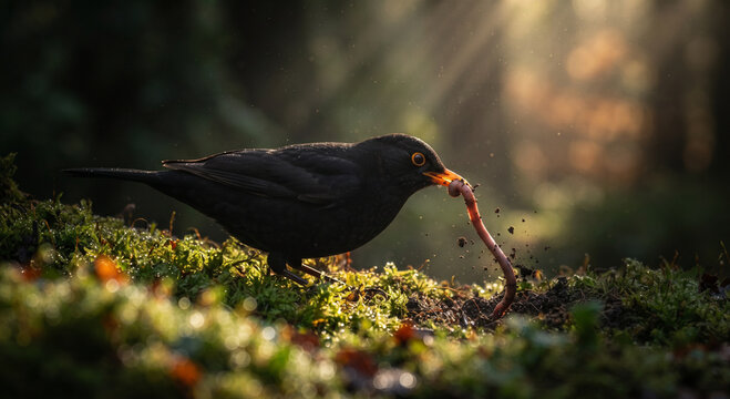 Dramatic Spotlight on a European Blackbird Pulling an Earthworm on a Mossy Forest Floor