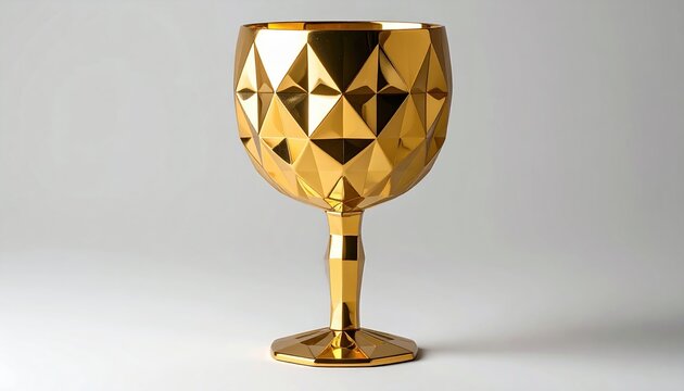 Geometric gold goblet chalice with faceted diamond patterns and hexagonal base representing luxury dining