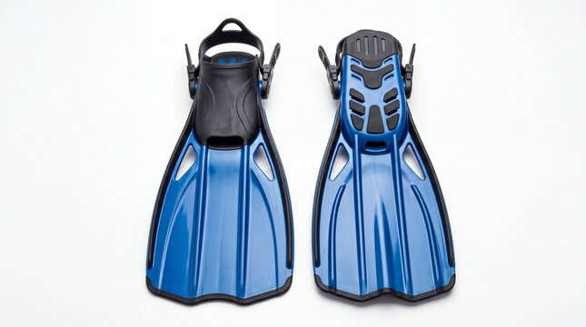 Professional blue scuba diving fins for underwater exploration displayed in studio lighting on white background