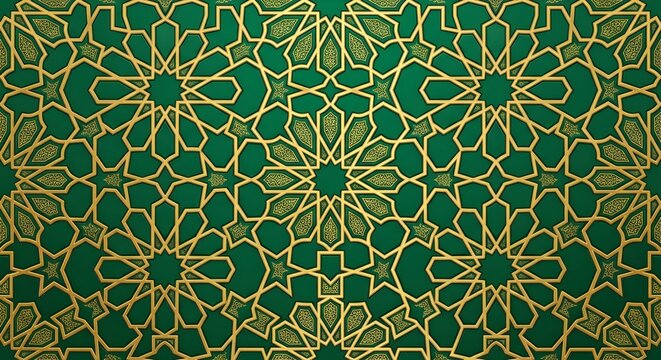 Golden Islamic geometric pattern on dark green background, luxury Arabic ornamental wallpaper design.