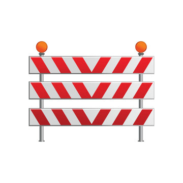 Flat vector illustration of a red and white striped construction road barrier with warning lights.