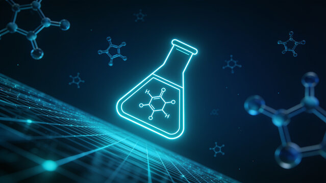 Laboratory erlenmeyer flask with molecular structure illustration in futuristic digital science workspace