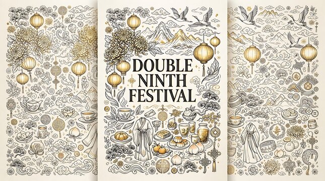 Double ninth festival illustration with traditional chinese elements like chrysanthemums, lanterns, tea, and cranes on a beige background