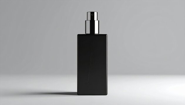 Black matte rectangular fragrance bottle with silver spray nozzle, masculine luxury design