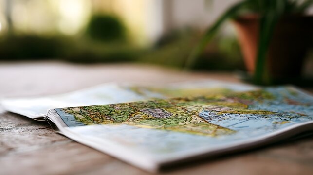 A detailed travel map spread open on a wooden surface with soft natural lighting and blurred greenery in the background