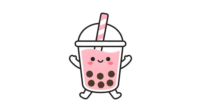 Cute Kawaii Pink Boba Bubble Tea Character Vector Illustration
