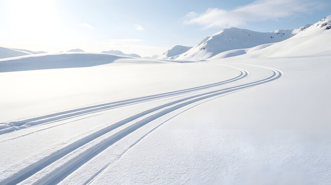 Epic winter mountain landscape with clean snow-covered peaks and ski tracks cutting through a fresh powder field, minimalist alpine scenery under bright sunny blue sky with ample copy space for travel