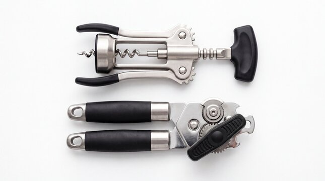 Stainless steel corkscrew and manual metal can opener displayed as essential kitchen tools on white background