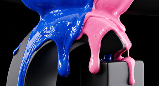 Macro View of Thick Viscous Blue and Pink Liquid Paint Dripping