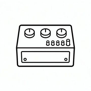 Simple black and white line art illustration of an electric guitar effects pedal with knobs and switches