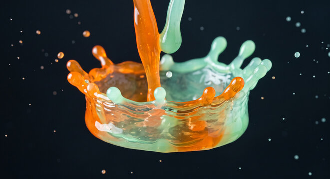 Dynamic High Speed Orange and Mint Green Liquid Pour and Crown Splash