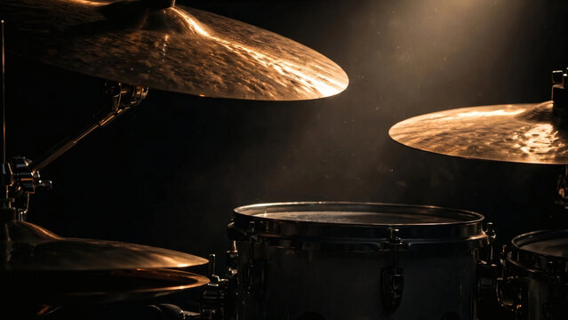 Drum kit under dramatic spotlight