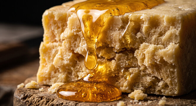 Macro Close Up of Dripping Golden Honey on Warm Crumbly Biscuit