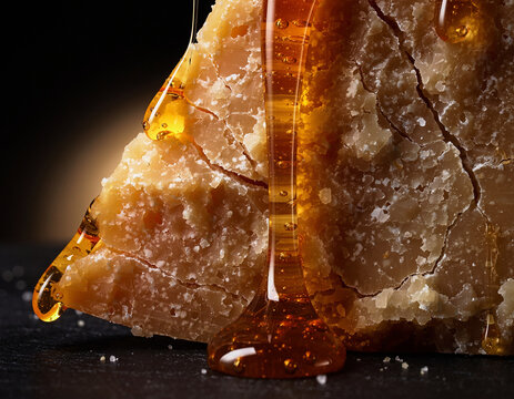 Macro Close Up of Golden Honey Dripping Over Rustic Raw Honeycomb