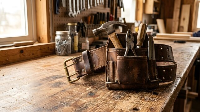 Rustic leather tool belt filled with hand tools like a hammer and pliers resting on a vintage wooden workbench inside a sunny carpenter workshop, ideal for craft and construction concepts.