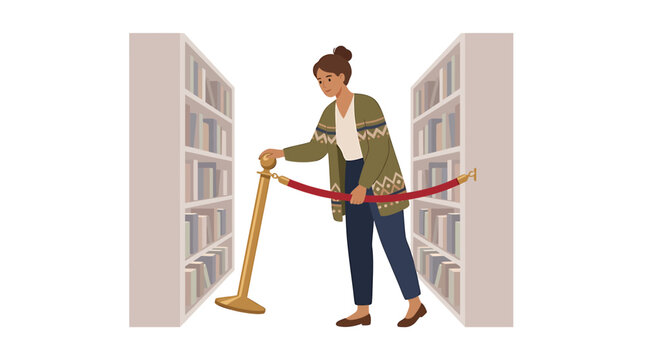 Hispanic Female Librarian Placing Red Rope Barrier