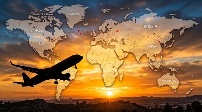 Silhouette of a passenger airplane taking off against a dramatic sunset sky with a world map and flight routes overlay, concept of global travel, international logistics, aviation, and worldwide conne