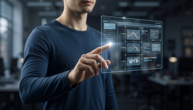 Man interacts with a holographic screen showing a smart workflow diagram, representing AI and future technology integration.