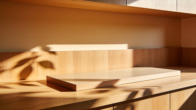 Light oak countertop with dappled morning light, product mockup background