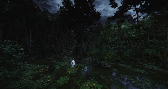 Starlit swamp with navigator consulting map and compass while tracing muddy track, cautious footsteps among reeds and low trees, sky full of stars guiding
