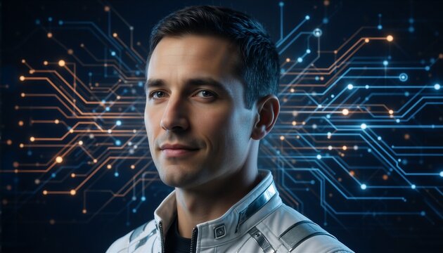 Portrait of a man in a futuristic jacket against a glowing digital circuit board background, symbolizing AI and smart workflow.