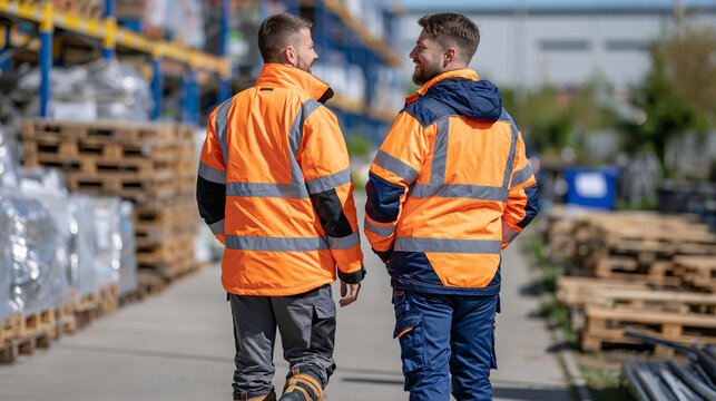 Two warehouse workers seen from behind walking toward the far end of a bright clean storage aisle, wearing reflective safety clothing and sturdy work boots, organized pallets and shelving, supply ch