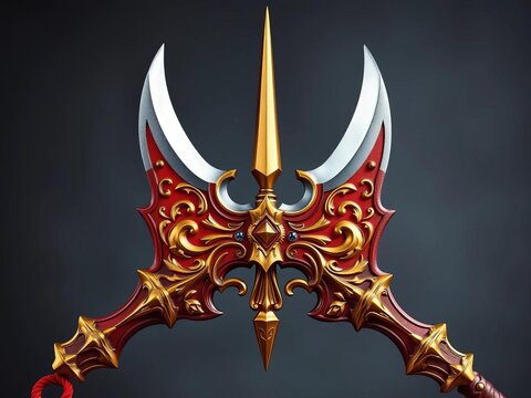 ornate double bladed battle axe with golden spike and rich red and gold design elements, elegant, fantasy weapon
