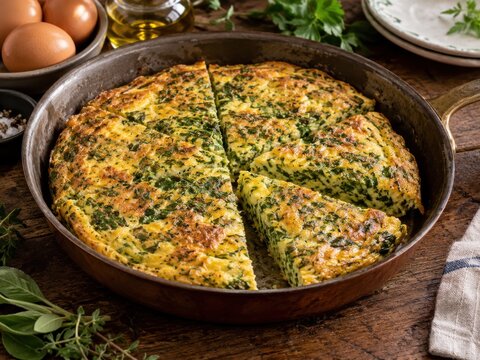 Italienische Kr&auml;uter-Frittata in rustikaler Pfanne, goldbraun gebacken und in St&uuml;cke geschnitten. Herzhaftes mediterranes Eiergericht mit frischen Kr&auml;utern und hausgemachtem Charakter.