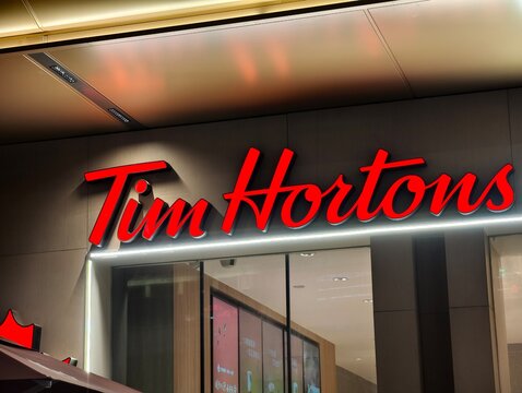 Shanghai,China-Dec.19th 2025: Tim Hortons brand logo shop sign