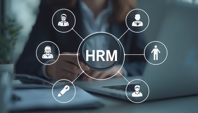 Professional human resources manager holding a magnifying glass over hrm text while analyzing diverse digital employee profile icons on screen